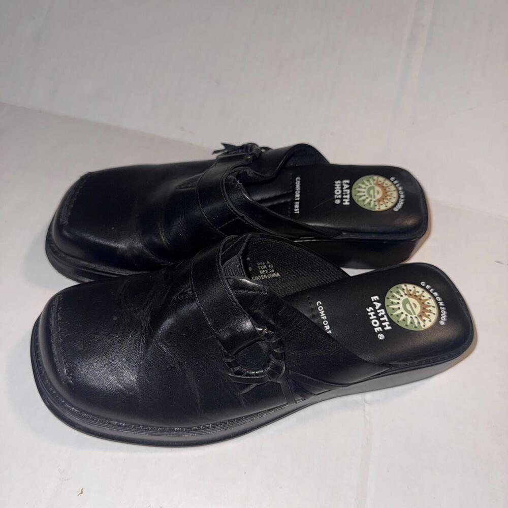 Earth Shoes Black Leather Boho‎ Hippie Gorpcore Minimalist Y2K Slip-On Mule Clog